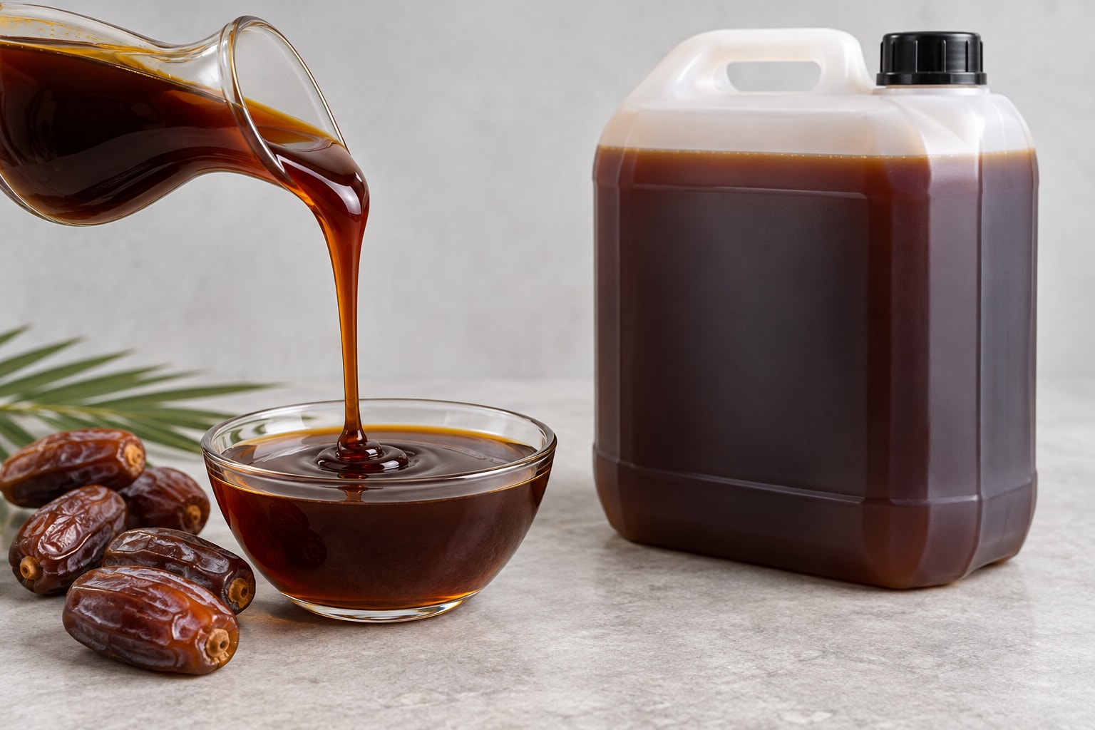 Illustration of date syrup poured into a bowl beside a plastic liquid container