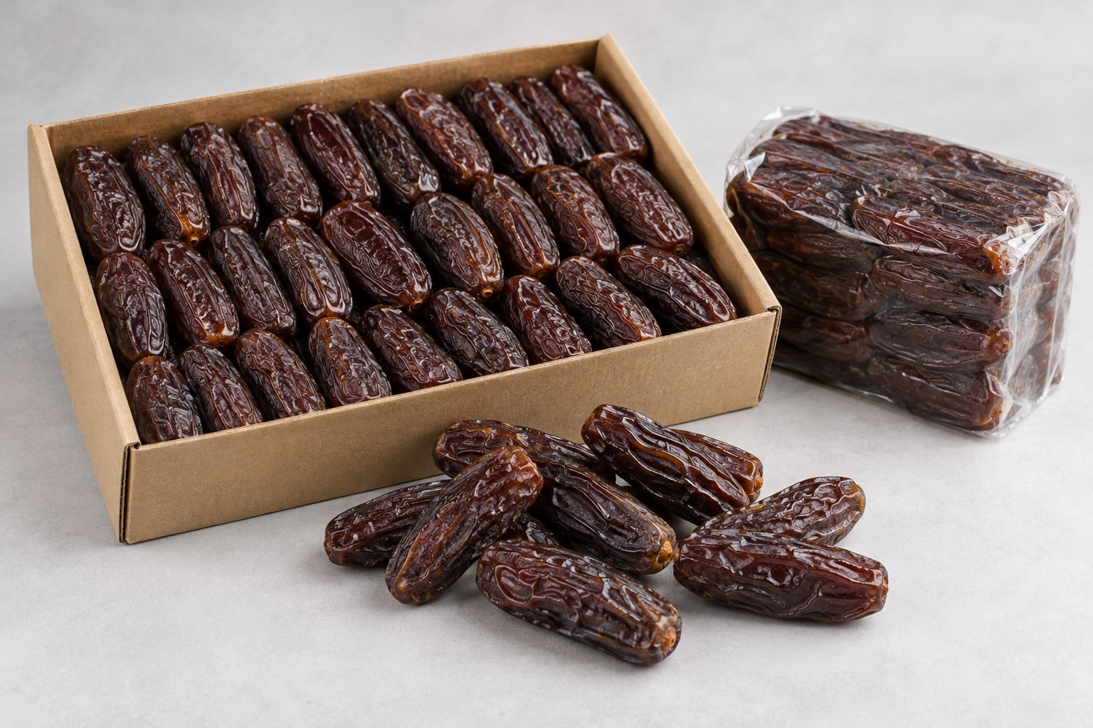 Illustration of Piarom dates in a tray and a sealed compressed pack