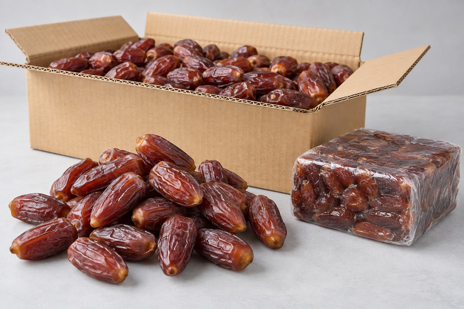 Illustration of Shahani dates beside a carton and a compressed pack